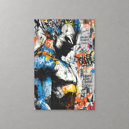 Vegeta in profile with his head bowed, drawn in black and white with blue and orange armour against a wall of graffiti tags — canvas wall art print