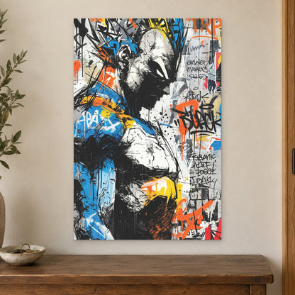 Vegeta Blue Armour Profile canvas wall art on a cream wall above a wooden sideboard beside a door frame