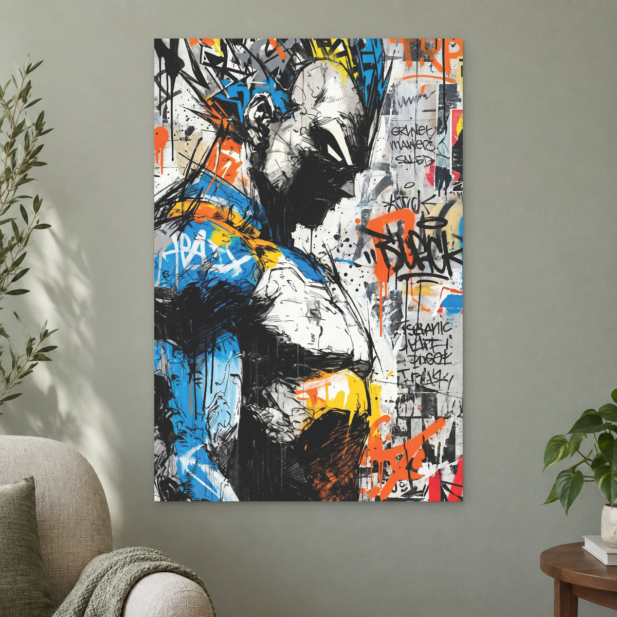 Vegeta Blue Armour Profile canvas wall art on a sage green wall beside a cream armchair