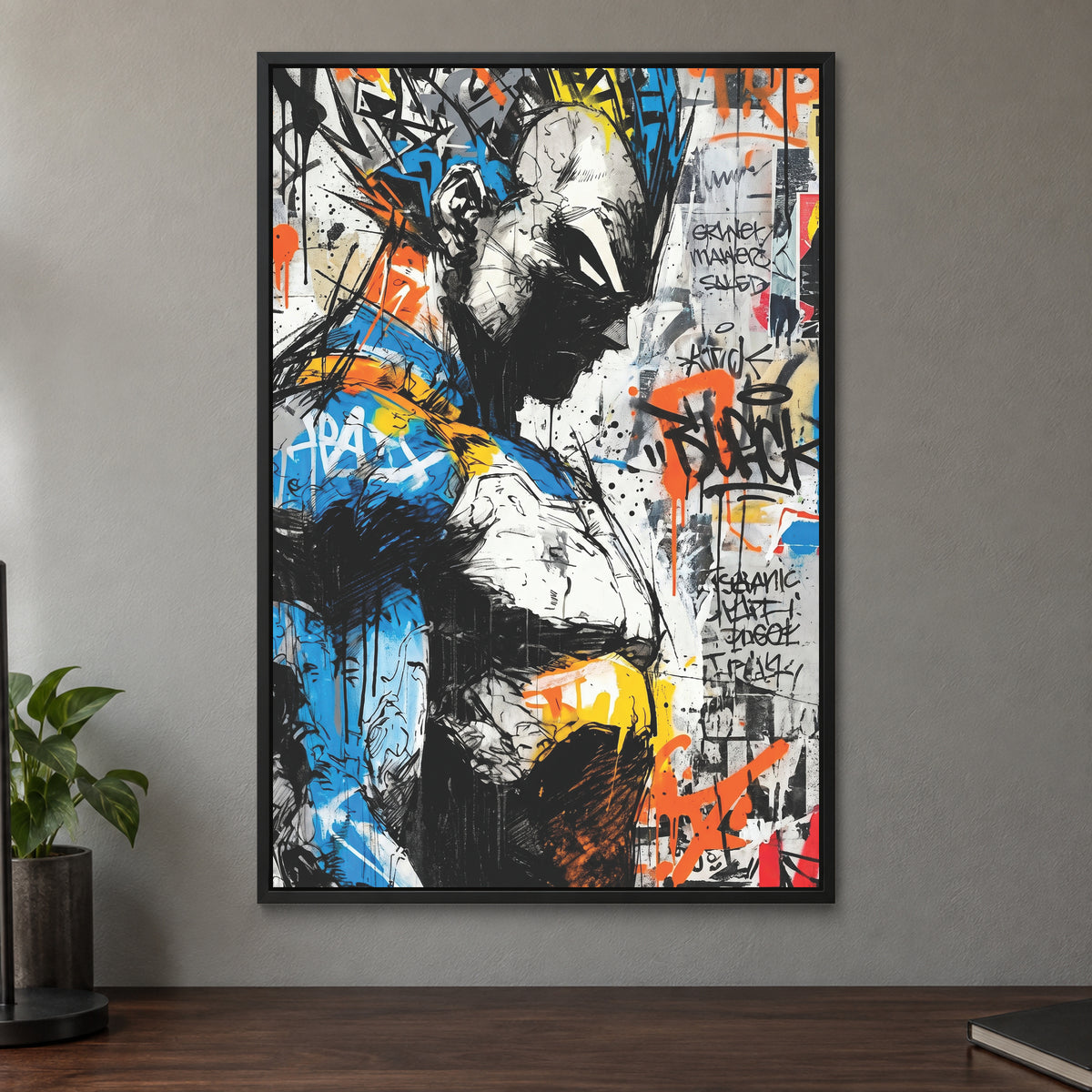 Vegeta Blue Armour Profile framed canvas in a black floating frame on a taupe wall above a dark walnut sideboard with a potted plant