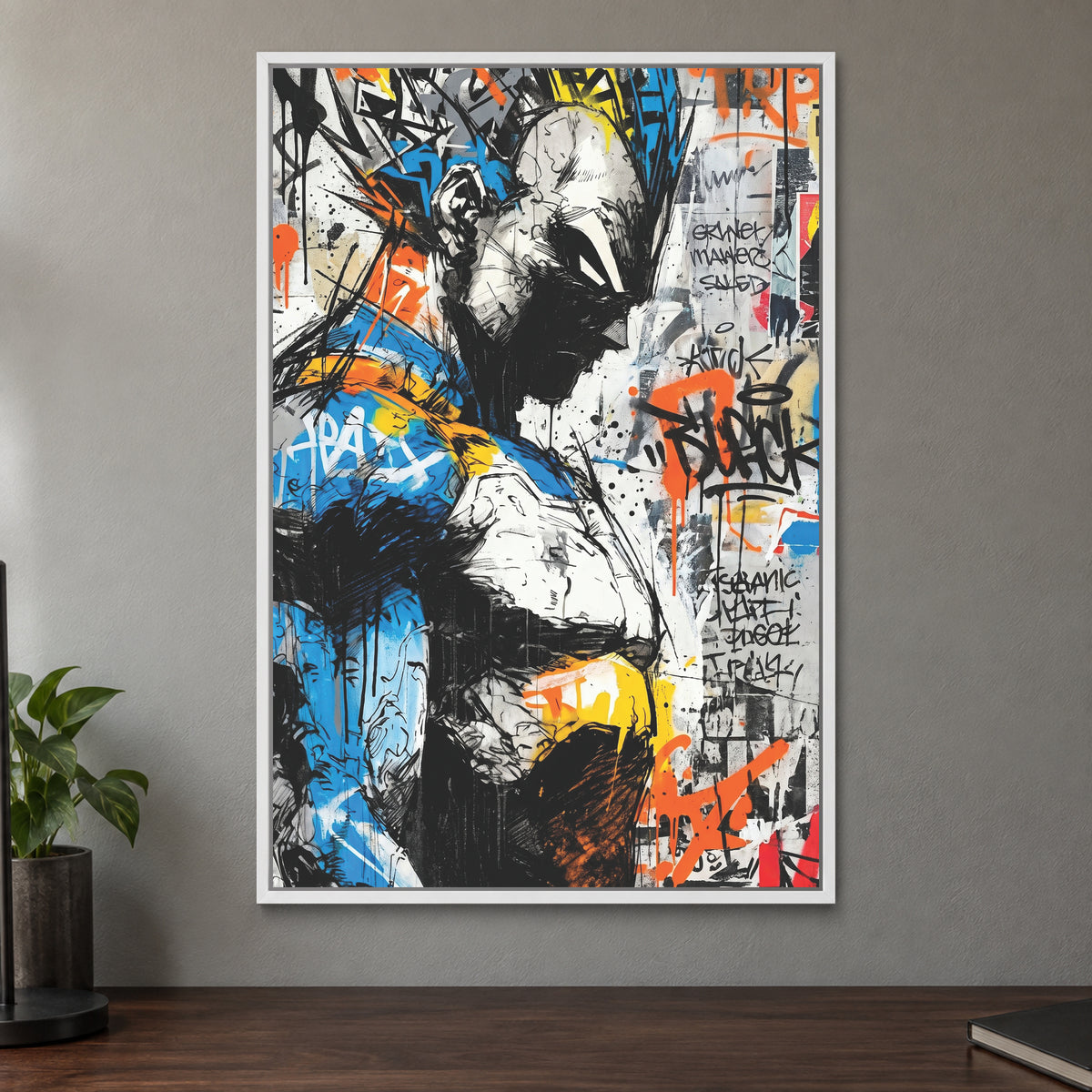 Vegeta Blue Armour Profile framed canvas in a white floating frame on a taupe wall above a dark walnut sideboard with a potted plant