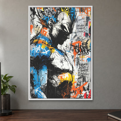 Vegeta Blue Armour Profile framed canvas in a white floating frame on a taupe wall above a dark walnut sideboard with a potted plant