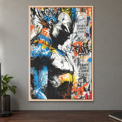 Vegeta Blue Armour Profile framed canvas in a natural wood floating frame on a taupe wall above a dark walnut sideboard with a potted plant