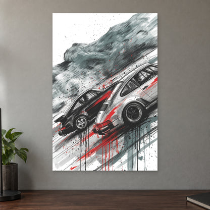 Porsche 911 Turbo Chase canvas wall art on a taupe wall above a dark walnut sideboard with a potted plant