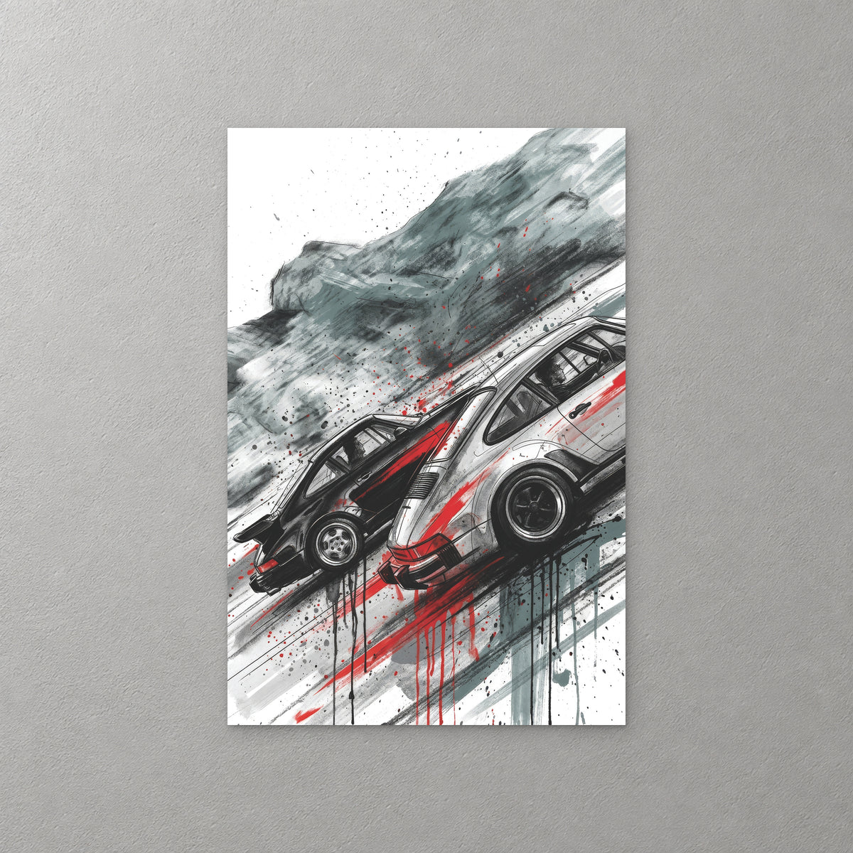 Two Porsche 911 Turbos, one black and one silver, race downhill through swirling grey smoke, with streaks of red and dripping paint — canvas wall art print