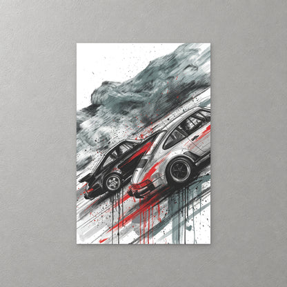 Two Porsche 911 Turbos, one black and one silver, race downhill through swirling grey smoke, with streaks of red and dripping paint — canvas wall art print