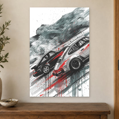 Porsche 911 Turbo Chase canvas wall art on a cream wall above a wooden sideboard beside a door frame