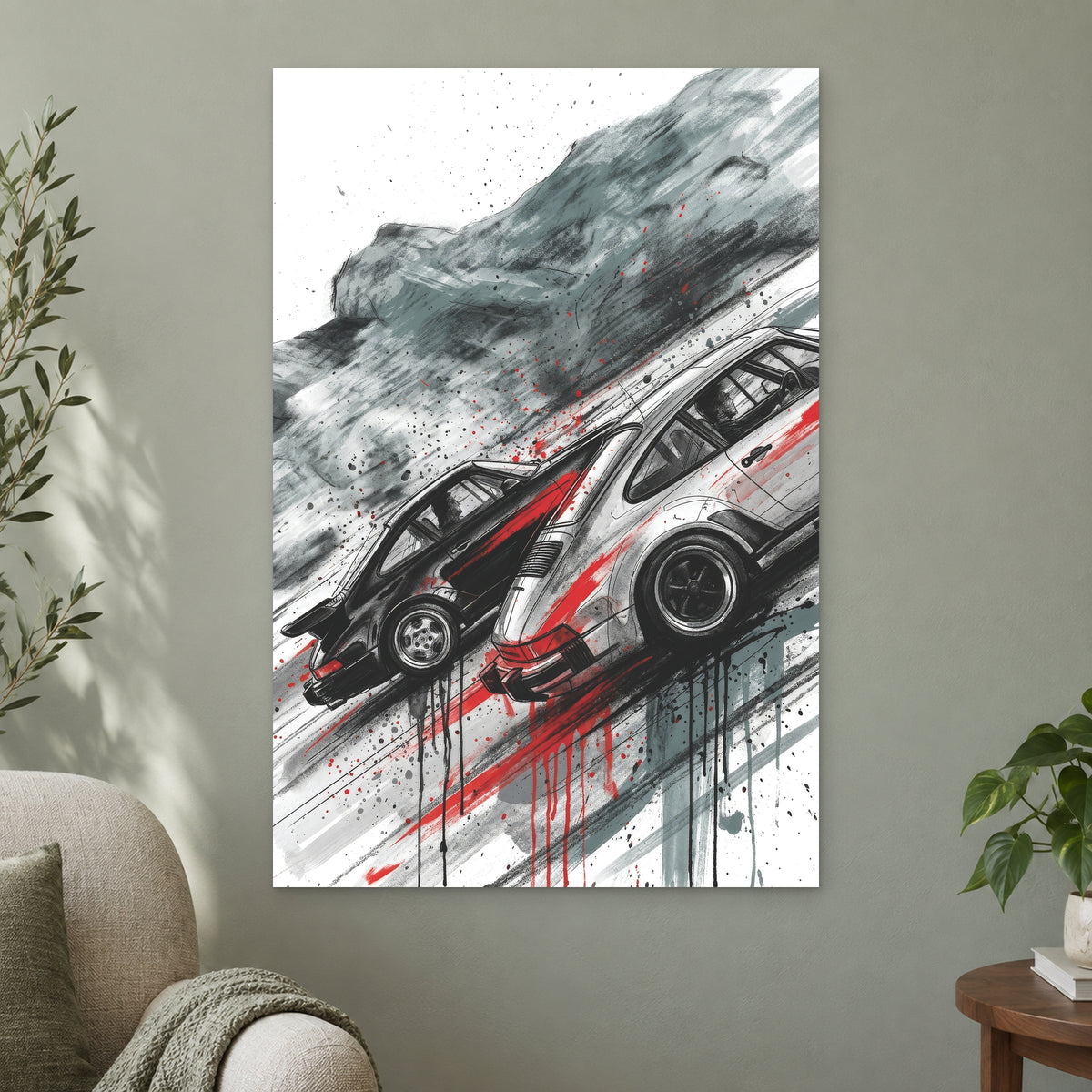 Porsche 911 Turbo Chase canvas wall art on a sage green wall beside a cream armchair