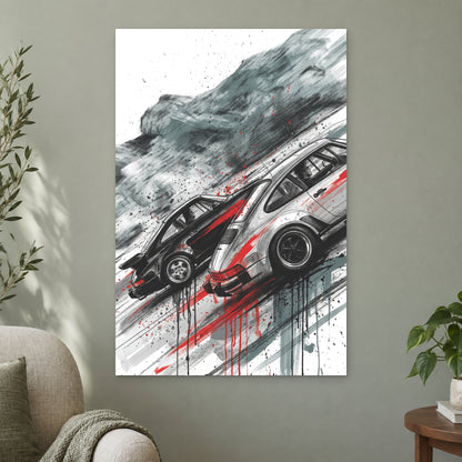 Porsche 911 Turbo Chase canvas wall art on a sage green wall beside a cream armchair
