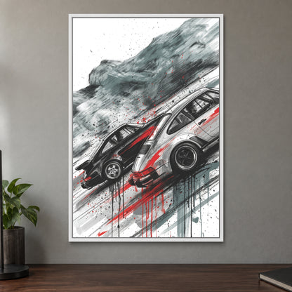 Porsche 911 Turbo Chase framed canvas in a white floating frame on a taupe wall above a dark walnut sideboard with a potted plant