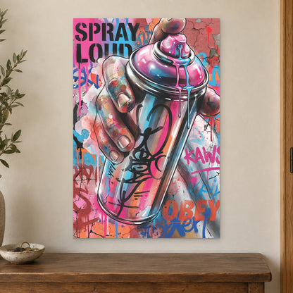 Spray Can Graffiti Street Art canvas wall art on a cream wall above a wooden sideboard beside a door frame
