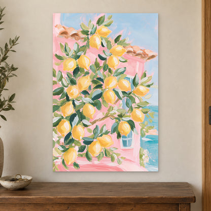 Lemon Tree and Blue Shutters canvas wall art on a cream wall above a wooden sideboard beside a door frame