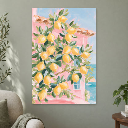 Lemon Tree and Blue Shutters canvas wall art on a sage green wall beside a cream armchair