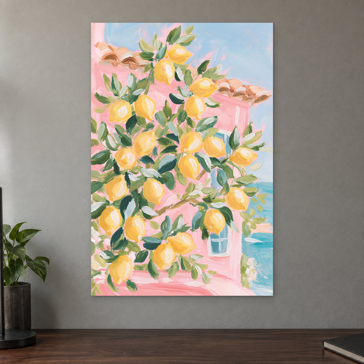 Lemon Tree and Blue Shutters canvas wall art on a taupe wall above a dark walnut sideboard with a potted plant