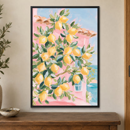 Lemon Tree and Blue Shutters framed canvas in a black floating frame on a cream wall above a wooden sideboard beside a door frame