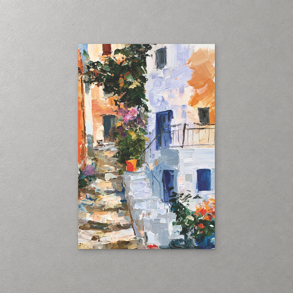 Whitewashed stone steps climb past blue doors, a potted orange plant and hanging greenery, with orange and lilac walls rising behind — canvas wall art print
