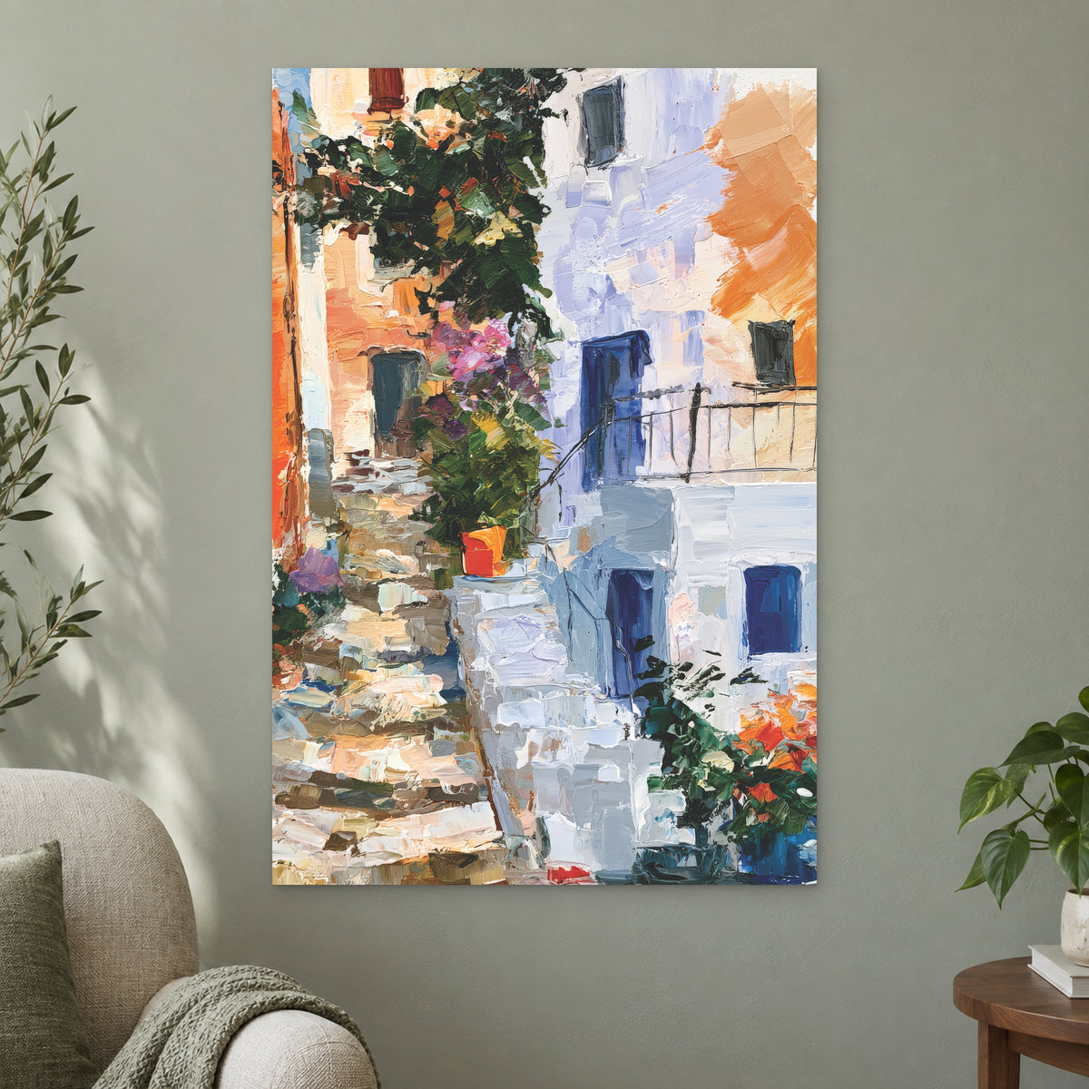 Whitewashed Alley Stone Steps canvas wall art on a sage green wall beside a cream armchair
