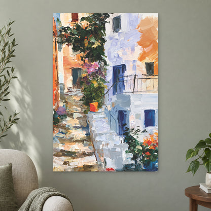 Whitewashed Alley Stone Steps canvas wall art on a sage green wall beside a cream armchair