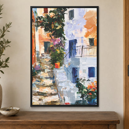 Whitewashed Alley Stone Steps framed canvas in a black floating frame on a cream wall above a wooden sideboard beside a door frame