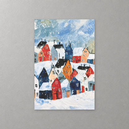 Red, navy, orange and pale blue houses crowd a snowy hillside under a blue sky full of falling snow, in thick, loose strokes — canvas wall art print