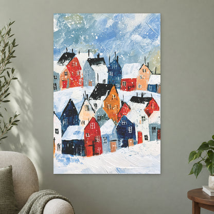 Snowfall Over the Rooftops canvas wall art on a sage green wall beside a cream armchair