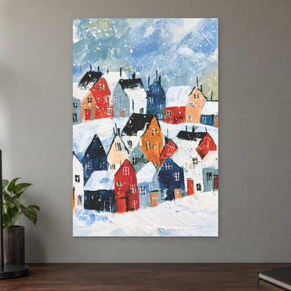 Snowfall Over the Rooftops canvas wall art on a taupe wall above a dark walnut sideboard with a potted plant