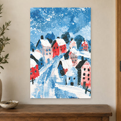 Winter Lane Between the Houses canvas wall art on a cream wall above a wooden sideboard beside a door frame