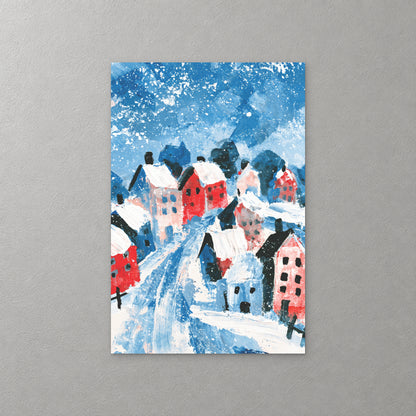 Red, pink and blue houses line a snowy lane that winds uphill under a deep blue sky full of falling snow, in thick, loose strokes — canvas wall art print