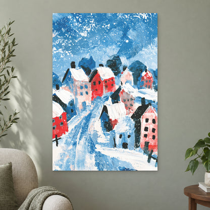 Winter Lane Between the Houses canvas wall art on a sage green wall beside a cream armchair