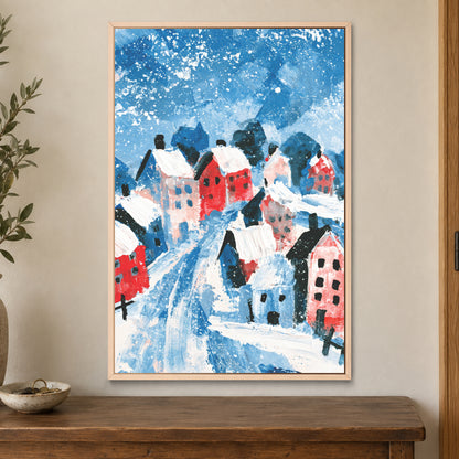 Winter Lane Between the Houses framed canvas in a natural wood floating frame on a cream wall above a wooden sideboard beside a door frame