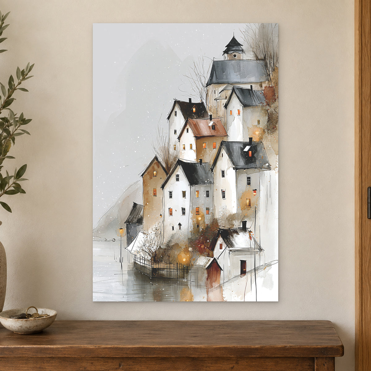 Hallstatt Austria Winter Rooftops canvas wall art on a cream wall above a wooden sideboard beside a door frame