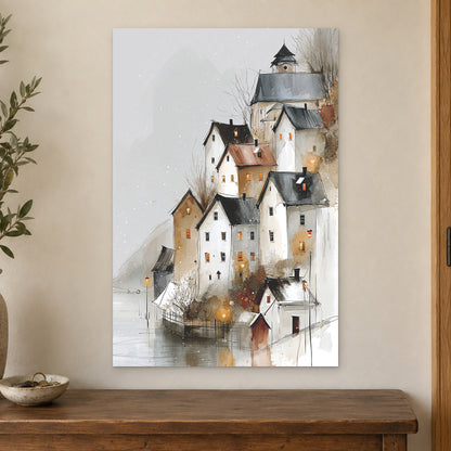Hallstatt Austria Winter Rooftops canvas wall art on a cream wall above a wooden sideboard beside a door frame