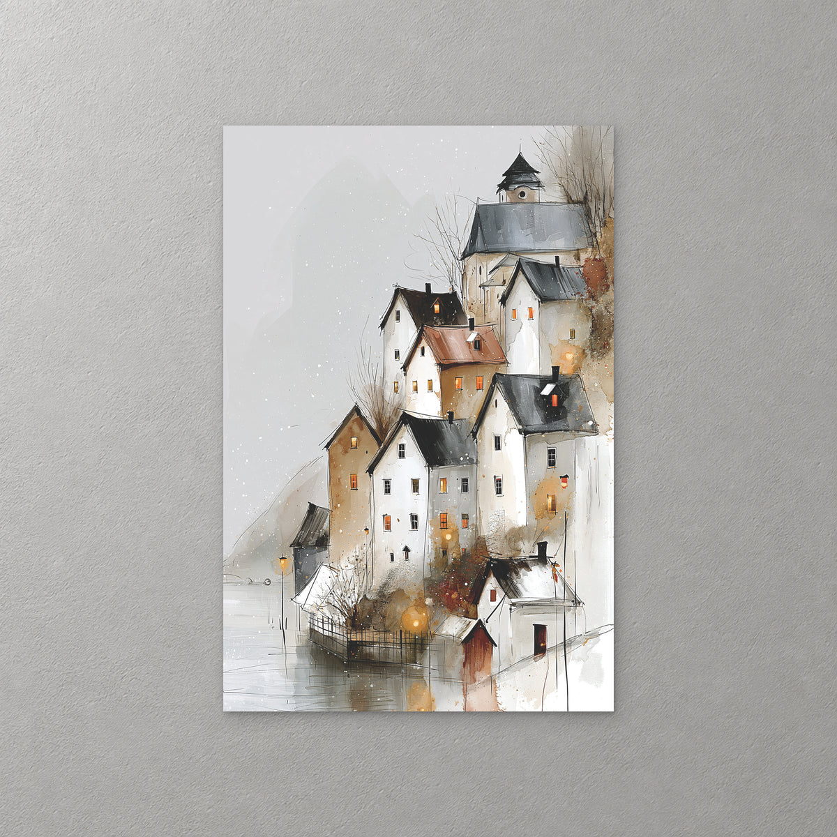 Tall white, ochre and grey houses with lit windows stack up above a still lake below a church tower, in soft grey, rust and gold washes — canvas wall art print