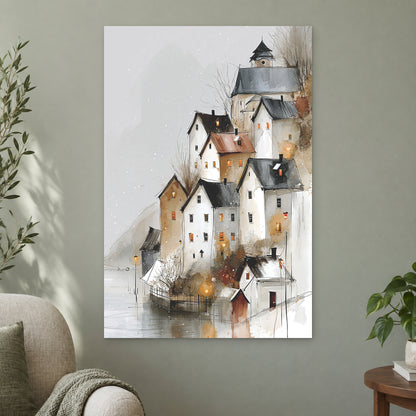 Hallstatt Austria Winter Rooftops canvas wall art on a sage green wall beside a cream armchair