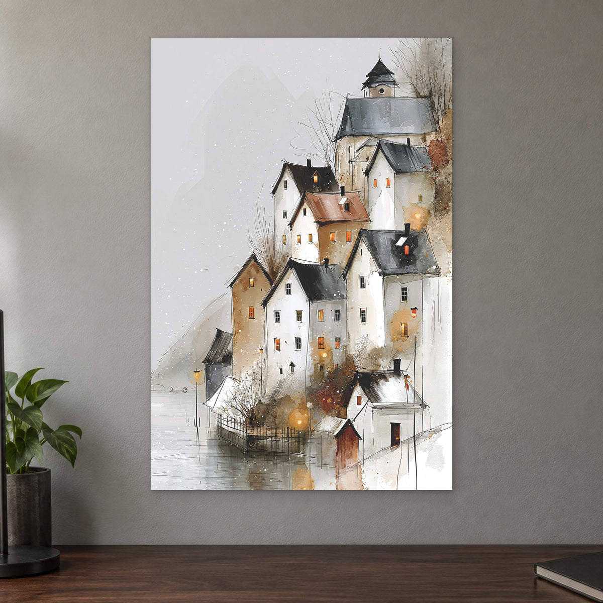 Hallstatt Austria Winter Rooftops canvas wall art on a taupe wall above a dark walnut sideboard with a potted plant