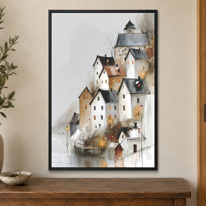 Hallstatt Austria Winter Rooftops framed canvas in a black floating frame on a cream wall above a wooden sideboard beside a door frame