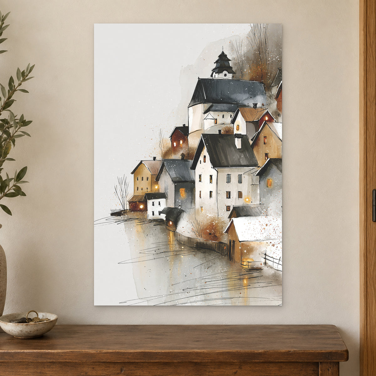 Hallstatt Austria Lakeside Tower canvas wall art on a cream wall above a wooden sideboard beside a door frame