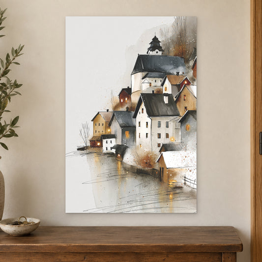 Hallstatt Austria Lakeside Tower canvas wall art on a cream wall above a wooden sideboard beside a door frame