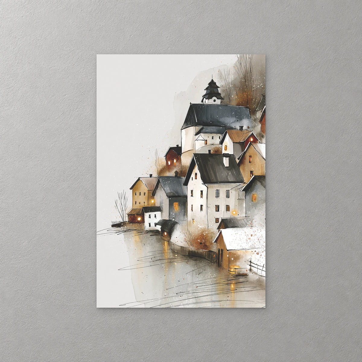 A lakeside village of white and ochre houses with dark roofs and a church tower, warm lights reflected in the grey water, drawn in ink and soft wash — canvas wall art print