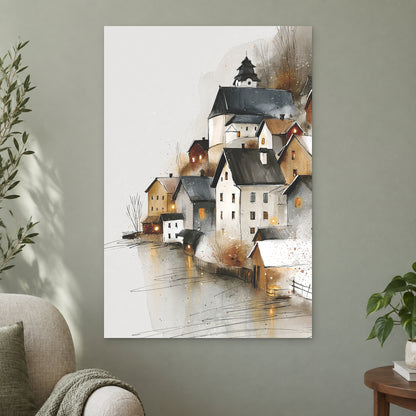 Hallstatt Austria Lakeside Tower canvas wall art on a sage green wall beside a cream armchair