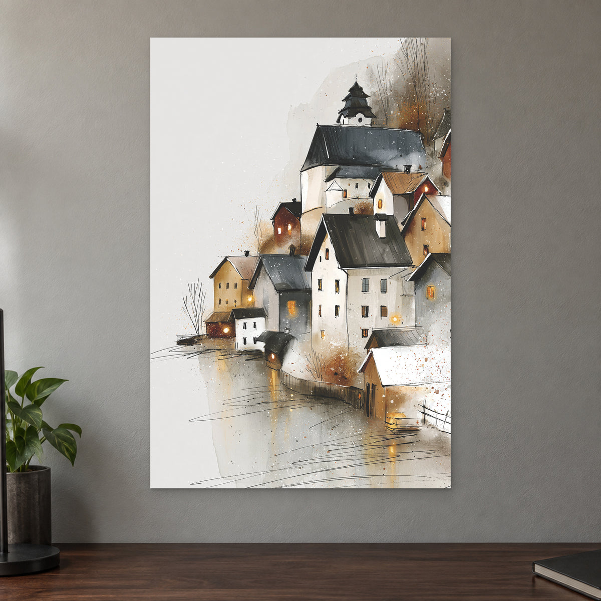 Hallstatt Austria Lakeside Tower canvas wall art on a taupe wall above a dark walnut sideboard with a potted plant