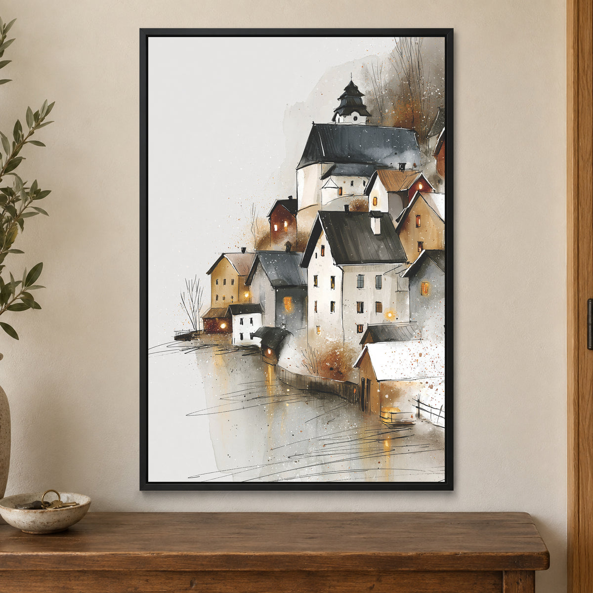 Hallstatt Austria Lakeside Tower framed canvas in a black floating frame on a cream wall above a wooden sideboard beside a door frame