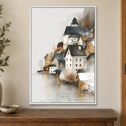 Hallstatt Austria Lakeside Tower framed canvas in a white floating frame on a cream wall above a wooden sideboard beside a door frame