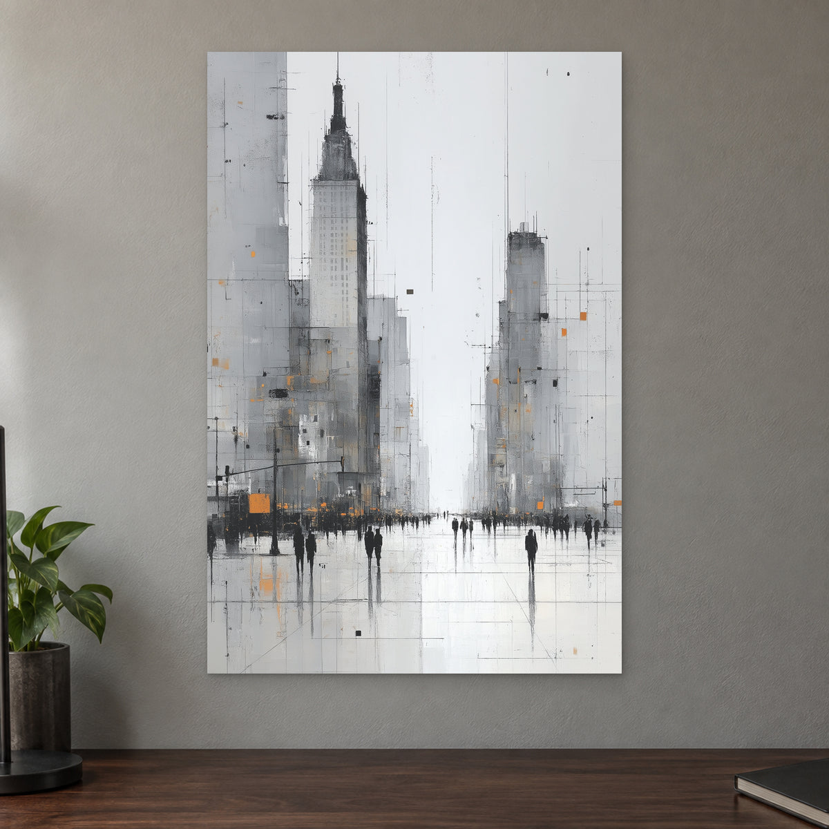 Foggy City Avenue Crowd canvas wall art on a taupe wall above a dark walnut sideboard with a potted plant