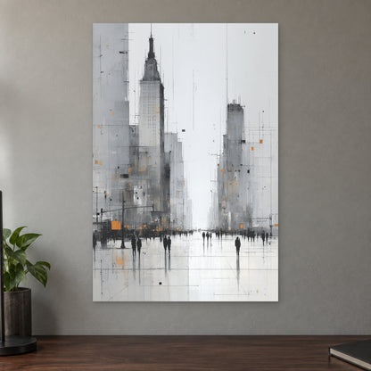 Foggy City Avenue Crowd canvas wall art on a taupe wall above a dark walnut sideboard with a potted plant