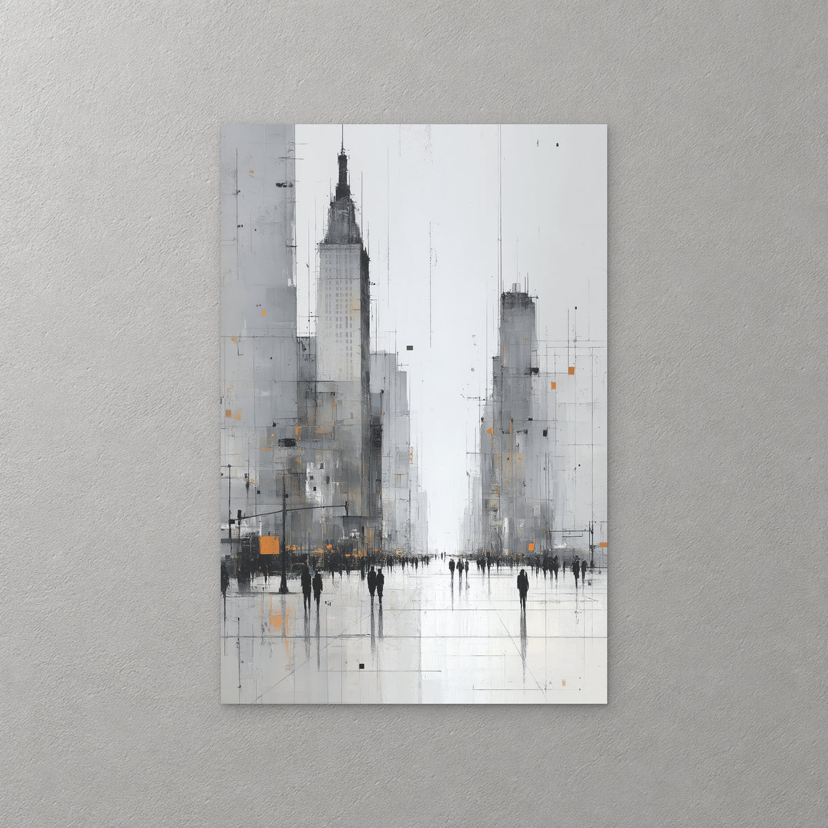 Grey skyscrapers rise either side of a wide city avenue where small dark figures cross a pale wet street, with flecks of orange light — canvas wall art print