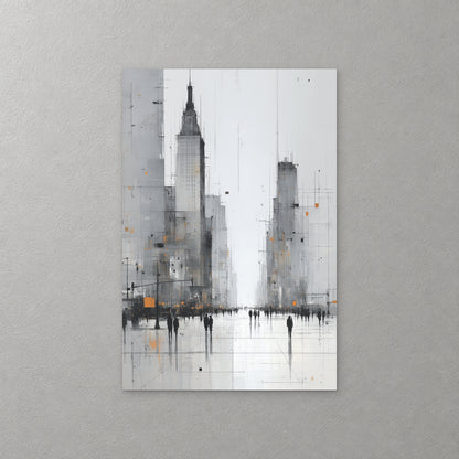 Grey skyscrapers rise either side of a wide city avenue where small dark figures cross a pale wet street, with flecks of orange light — canvas wall art print