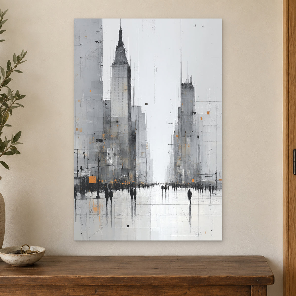 Foggy City Avenue Crowd canvas wall art on a cream wall above a wooden sideboard beside a door frame
