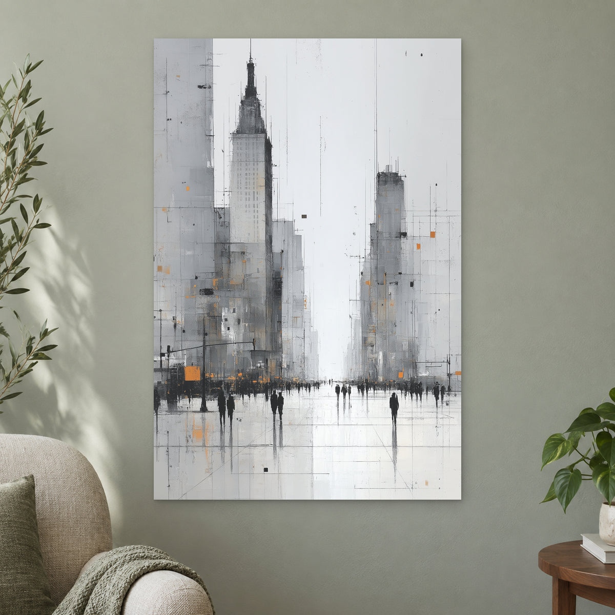 Foggy City Avenue Crowd canvas wall art on a sage green wall beside a cream armchair
