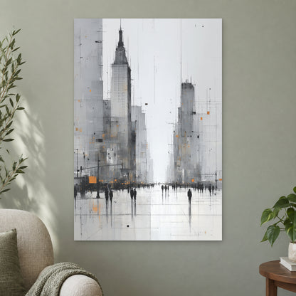 Foggy City Avenue Crowd canvas wall art on a sage green wall beside a cream armchair